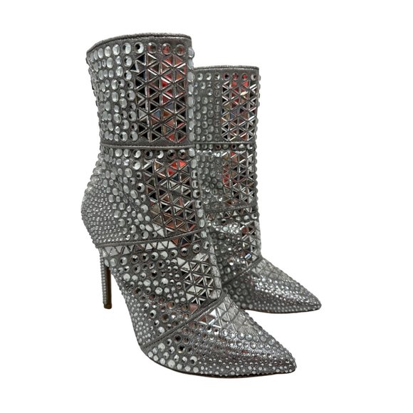 Steve Madden Whole Rhinestone Booties in Silver Stiletto Heel Stud Size 8.5 - Picture 5 of 13